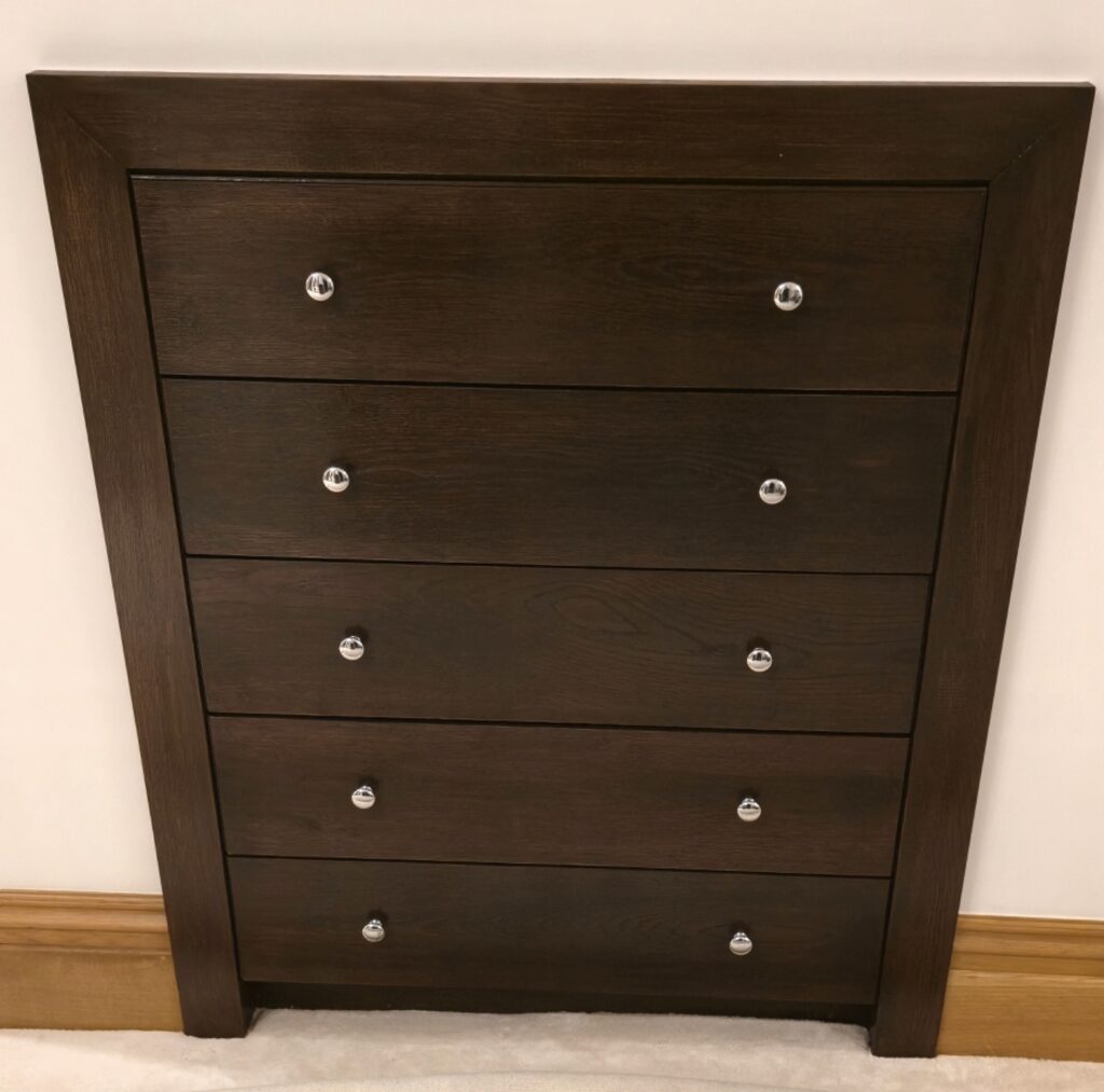"Professional furniture spray painting London - dark brown chest of drawers"